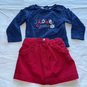 Y2K Wonderkids Blue Embroidered Flower Shirt and Red Skirt Set Size 18 month